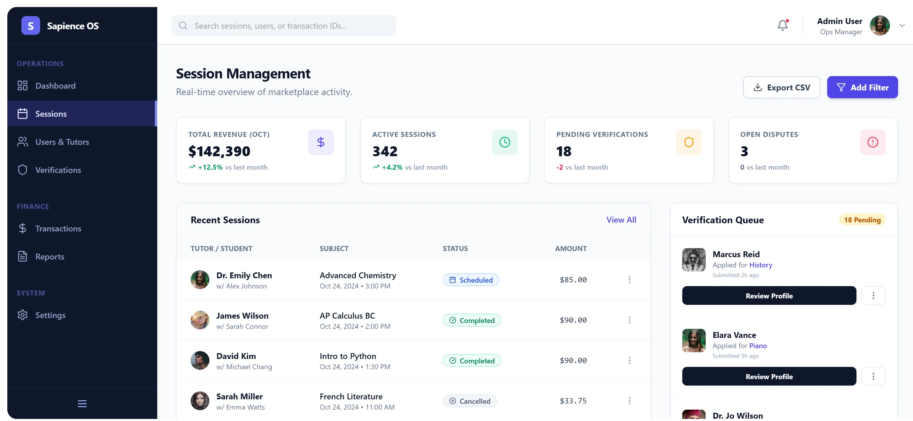 Sapience Admin Dashboard and CRM
